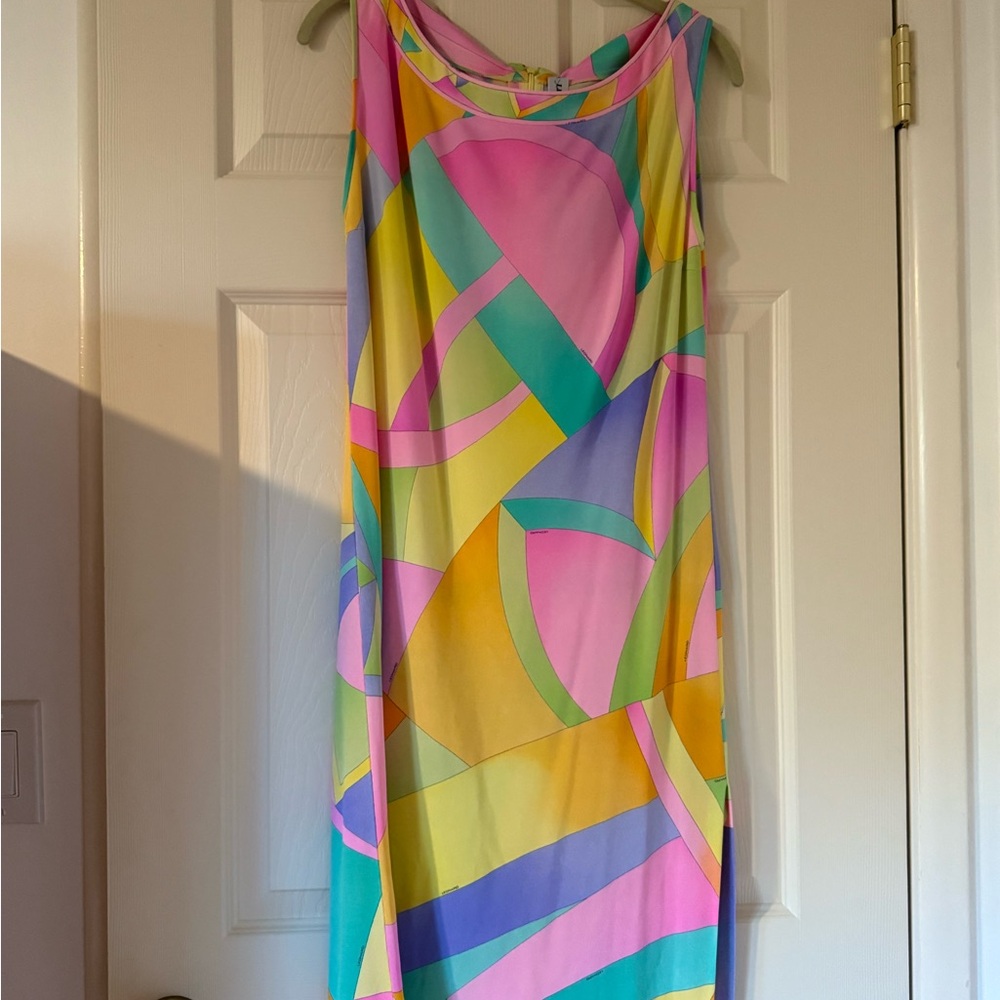 🌈 LEONARD PARIS Pastel Geometric Print Shift Dress — Size 42 (US 10/12)